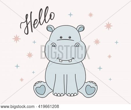 Blue Little Hippo, Hello Hand Lettering And Small Stars Isolated On A Pink Background. Cute Hippopot