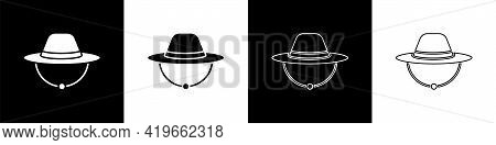 Set Camping Hat Icon Isolated On Black And White Background. Beach Hat Panama. Explorer Travelers Ha