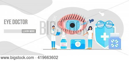 Eye Doctor, Oculist Concept For Health Care Banner, Mobile Website. Glaucoma Treatment Concept Vecto
