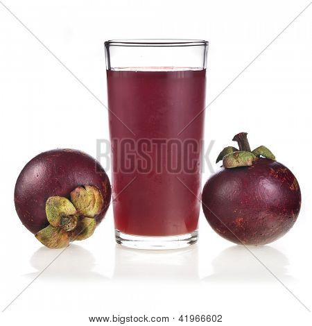 frischen Mangostan-Frucht und Saft, Isolated on White