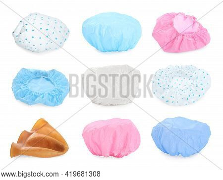 Set With Waterproof Shower Caps On White Background