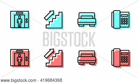 Set Line Hotel Room Bed, Lift, Stairs Up And Telephone Handset Icon. Vector