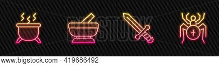 Set Line Medieval Sword, Witch Cauldron, Mortar And Pestle And Spider. Glowing Neon Icon. Vector