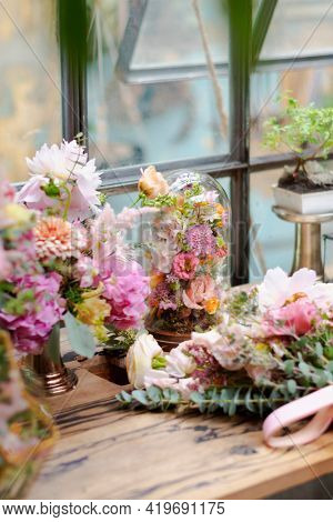 Blooming flowers decor in a flower shop
