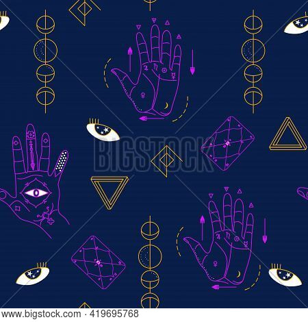 Seamless Pattern With Palmistry.hand With Lines Of Energy For Personal Horoscope.jyotisha Or Hindu A