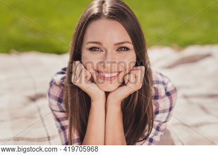 Photo Of Beaming Smile Nice Young Student Woman Hold Hands Cheekbones Weekend Enjoy Outside In Outdo