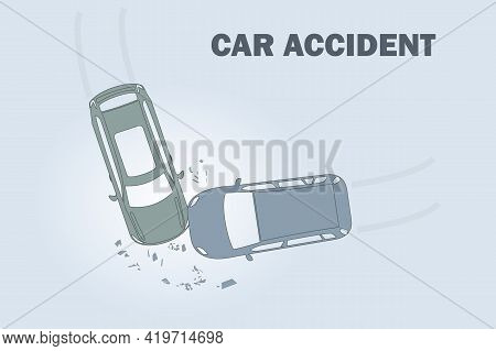 Vehicle Crash. Car Accident Poster Template. Damaged Transport Concept. City Drive Disaster. Two Sma