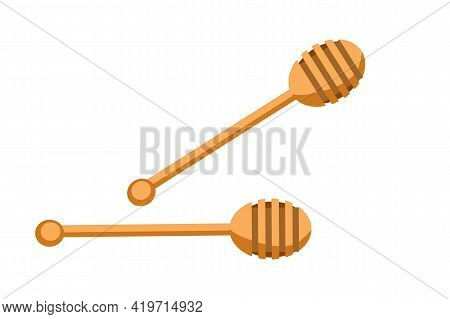 Wooden Dipper Isolated On White Background. Honey Stick Or Spoon With Round Part In Cartoon Style. T