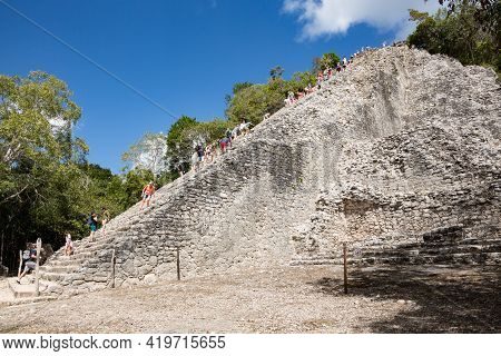 Coba, Mexico - January 31, 2018: Nohoch Mul, The Tallest Of All Mayan Pyramids, Quintana Roo, Yucata