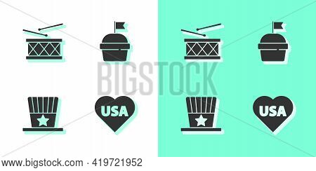 Set Usa Independence Day, Drum And Drum Sticks, Patriotic American Top Hat And Cake Icon. Vector