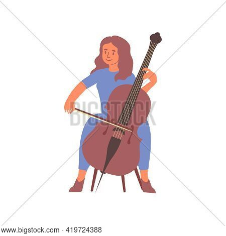 Flat Composition With Isolated Human Character Of Woman Playing Bass Viol On Blank Background Vector