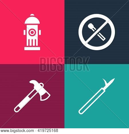 Set Pop Art Metal Pike Pole, Firefighter Axe, No Fire Match And Hydrant Icon. Vector