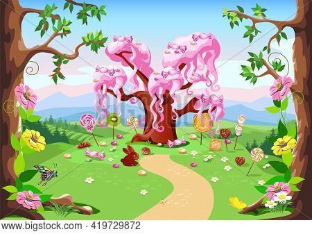 Sweet Tree And Candy Land In A Forest Glade. Fairy Tale Tree Surrounded By Sweets, Candies And Fruit