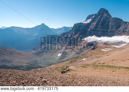 Matahpi Peak And Valley Below Viewed From Siyeh Pass Hiking Trail, Glacier National Park, Montana. S