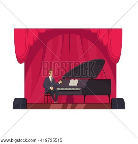 Smiling Male Pianist On Stage On Background With Red Curtains Flat Vector Illustration