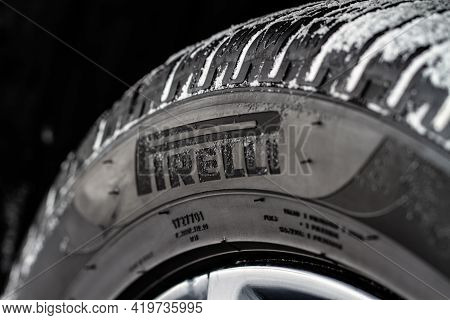 Moscow, Russia - February 23, 2021 Pirelli Tires Wheel Close Up View. Pirelli Scorpion Model Tire Lo