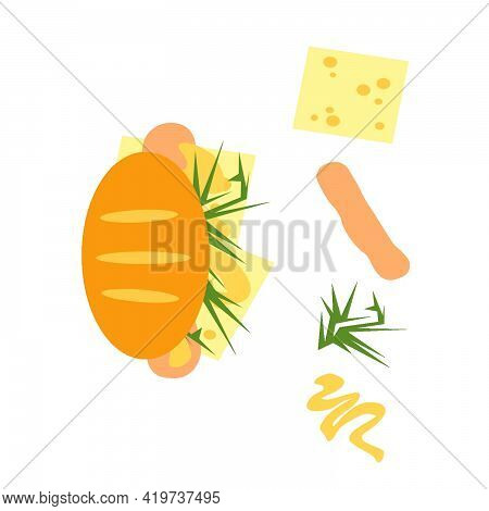 Delicious Hot Dog With Sausage, Herbs, Cheese And Mustard Sauce. Set. Breakfast. Isolated.