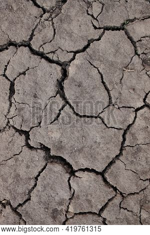 Dry Ground Texture. Close-up Land, Sand, Clay, Black Earth. The Land Is Cracked From Drought. Close-