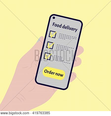 Ordering Food Using Online Mobile Application. Hand Holding Phone With Mobile App Order Food Online 