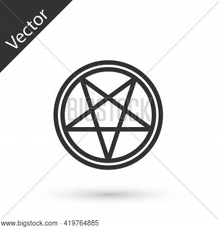 Grey Line Pentagram In A Circle Icon Isolated On White Background. Magic Occult Star Symbol. Vector 