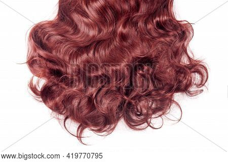 Red Hair Isolated On White. Wavy Long Curly Hair Close Up, Hair Extensions, Materials And Cosmetics,