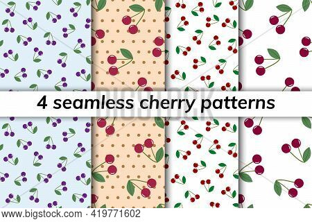 Cherry Seamless Pattern Set. Berry Seamless Cherry Background. Juicy Cute Pattern. Vector Stock Illu
