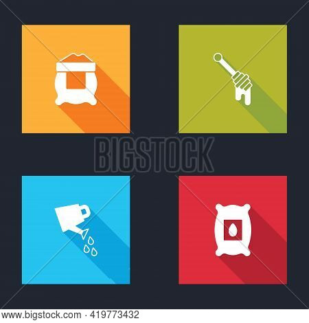 Set Bag Of Flour, Honey Dipper Stick, Watering Can And Pack Full Seeds Plant Icon. Vector