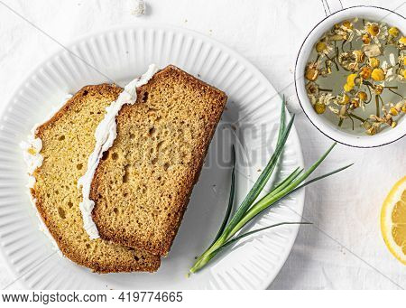 Slice of fresh baked homemade lemon cake