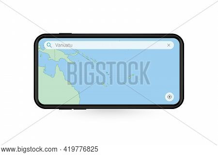 Searching Map Of Vanuatu In Smartphone Map Application. Map Of Vanuatu In Cell Phone. Vector Illustr