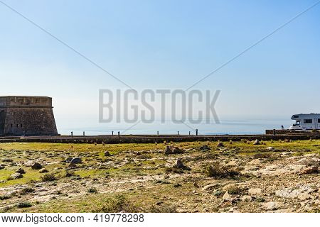 Seaside Landscape With Caravan Visitng Coastal Fortification, Castle Guardias Viejas, Almer