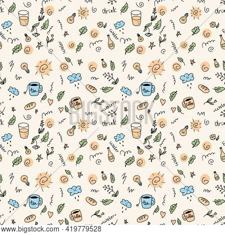 Hand-drawn Doodle Seamless Pattern Of Drink More Water Summer Theme