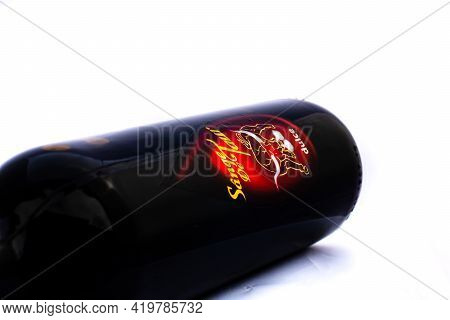 Bottle Of Sange De Taur Wine Isolated On White. Illustrative Editorial Photo Shot In Bucharest, Roma