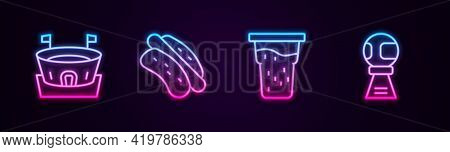 Set Line Baseball Arena, Hotdog Sandwich, Glass Of Beer And Award Cup With Baseball. Glowing Neon Ic