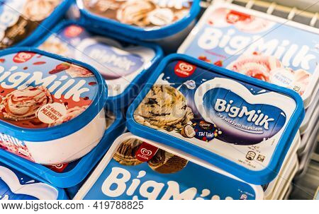 Ice Cream Products Put Up For Sale In A Commercial Refrigerator