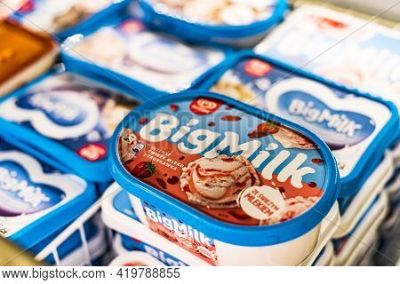 Ice Cream Products Put Up For Sale In A Commercial Refrigerator