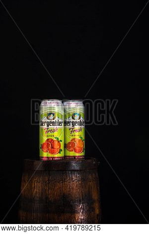Can Of Bergenbier Beer On Beer Barrel With Dark Background. Illustrative Editorial Photo Bucharest, 