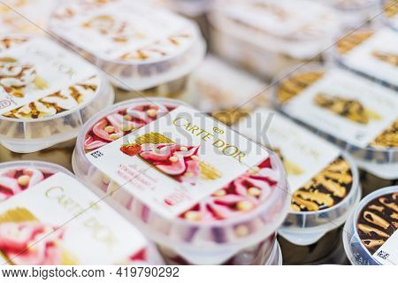 Ice Cream Products Put Up For Sale In A Commercial Refrigerator
