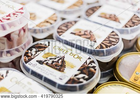 Ice Cream Products Put Up For Sale In A Commercial Refrigerator