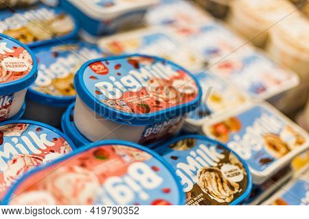 Ice Cream Products Put Up For Sale In A Commercial Refrigerator