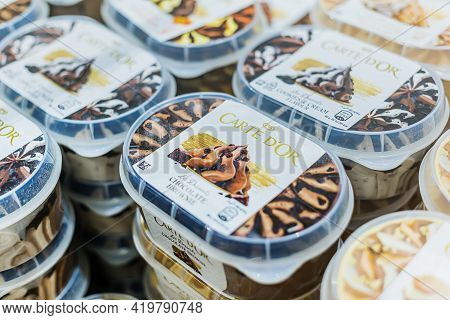 Ice Cream Products Put Up For Sale In A Commercial Refrigerator