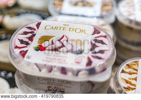 Ice Cream Products Put Up For Sale In A Commercial Refrigerator
