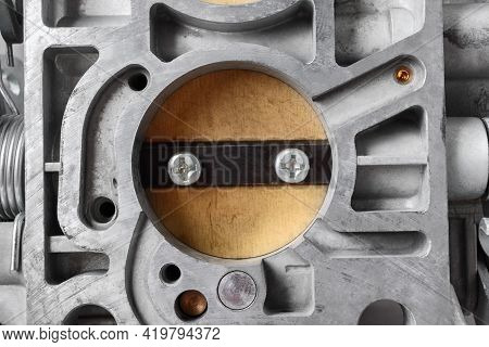 Close Up Of Bottom View Of Chamber With Choke Of Car Carburetor, Small Depth Of Focus. Automotive Pa