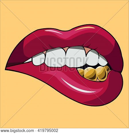 Sexy Lips Of Girl. A Girl Is Squeezing Her Lips By Herself Through Teeth