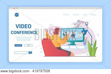 Illustrated Video Conference Theme. Team In Online Call. Pretty Woman Talking On Video Call With Her