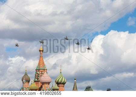 May 7, 2021, Moscow, Russia. The Mi-26 Helicopter And Four Mi-8 Helicopters Will Open The Parade Of 