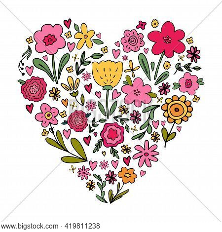 Cute Vector Illustration With Heart Shape Bouqet With Various Floral Flower Doodles In Simple Hand D