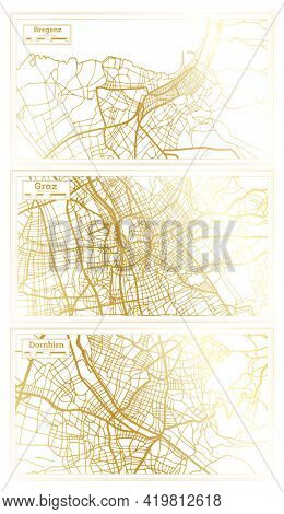 Graz, Dornbirn and Bregenz Austria City Map Set in Retro Style in Golden Color. Outline Map.