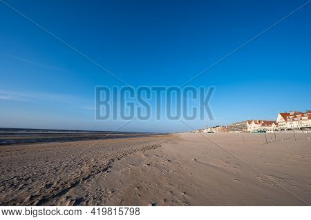 Yellow Sandy Beach In Small Belgian Town De Haan Or Le Coq Sur Mer, Luxury Vacation Destination, Sum