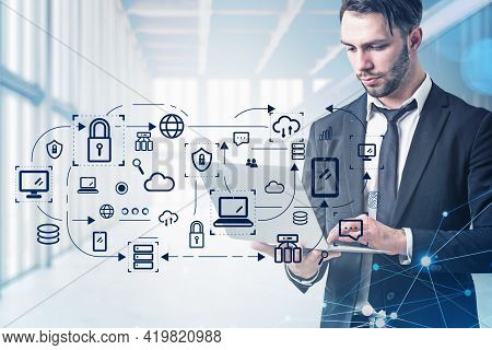 Office Man With Beard Typing In Laptop, Double Exposure With Network Circuit And Data Storage. Manag