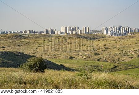 A Panoramic View Of Rosh Haayin, Israel, And The Nature Surrounding It, On A Clear, Sunny Day.